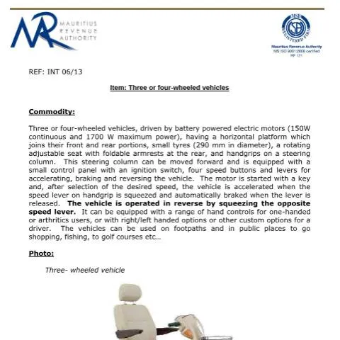 Document preview: Understanding Vehicle Classification in Mauritius — Vehicle & driving (CERFA n°ThreeorFourWheeledVehicles)
