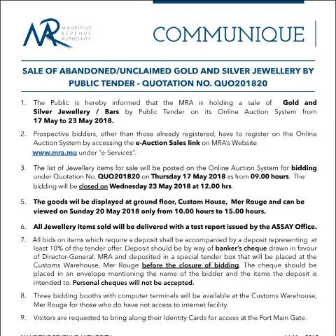 Document preview: Unlock Unique Treasures: Public Tender for Gold & Silver Jewellery — Government & admin (CommuniqueQ20of2018)