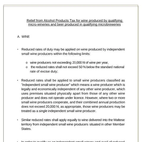 Document preview: Understanding APT Relief for Independent Maltese Producers — Taxes (CERFA n°relief-from-apt-for-wine-and-beer-by-independent-small-produ)
