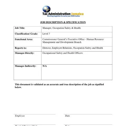 Document preview: Manager Occupation Safety & Health Level 7 Job Description in Jamaica — Work & employment (CERFA n°Manager+-+Occupation+Safety+and+Health+)