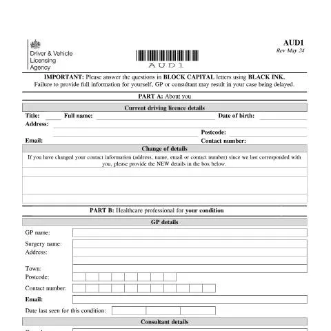 Document preview: DVLA AUD1 Assessment: Driving with Hearing Impairment in the UK — Health