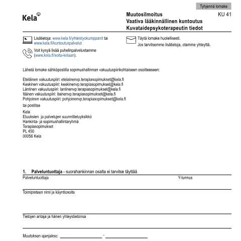 Document preview: Kuvataidepsykoterapeutin muutostiedot ja tärkeyden ymmärtäminen — Terveys (CERFA n°Kela KU 41)