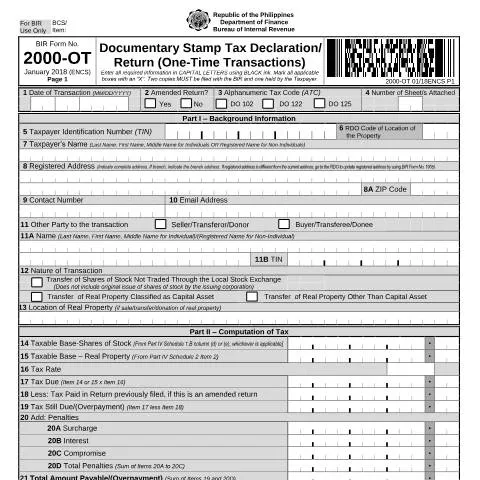 Document preview: Mastering BIR Form No. 2000-OT for One-Time Transactions — Taxes (CERFA n°2000-OT)