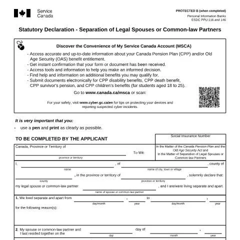 Document preview: Separation of Legal Spouses and Common-law Partners Declaration — Civil status & identity (CERFA n°ISP1811CPP)