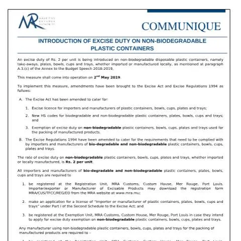Document preview: Understanding the Excise Duty on Non-Biodegradable Plastic Containers — Government & admin (Biodegradable150419)