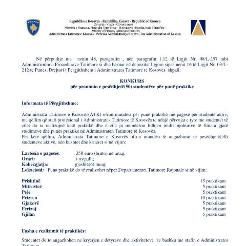 Document preview: Mundësi punë praktike në Administratën Tatimore të Kosovës — Punë & punësim