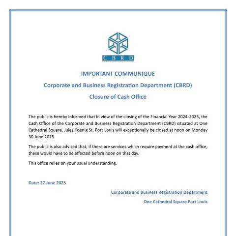 Document preview: Notice of Cash Office Closure at CBRD — Government & admin (IMPORTANT-COMMUNIQUE-Closure-of-Cash-Office)