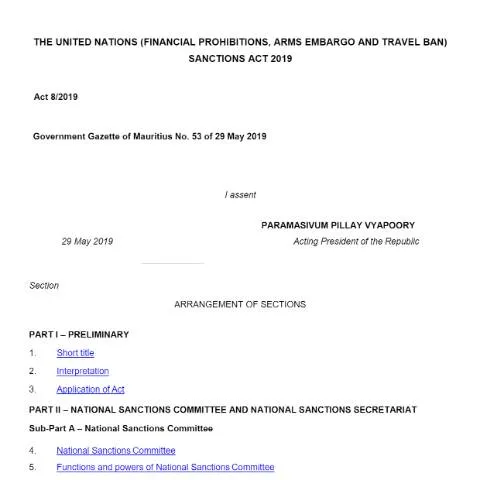 Document preview: Mauritius United Nations Sanctions Act Overview — Legal & justice (CERFA n°The-United-N_ations-Financial-Prohibitions-Arms-Embargo-and-Travel-Ban-Sanctions-Act)