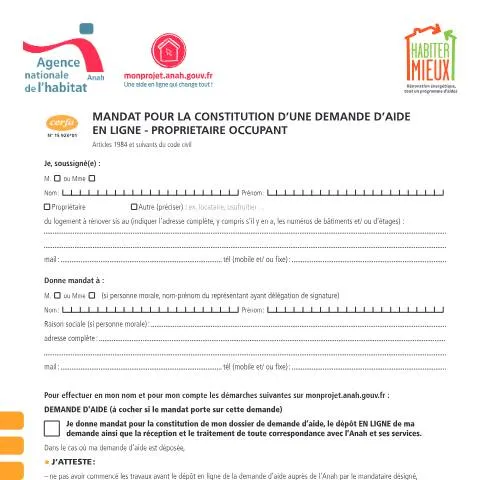 Aperçu du document Formulaire 15923*01 : comment mandater un tiers pour vos aides Anah — Logement (CERFA n°15923*01)