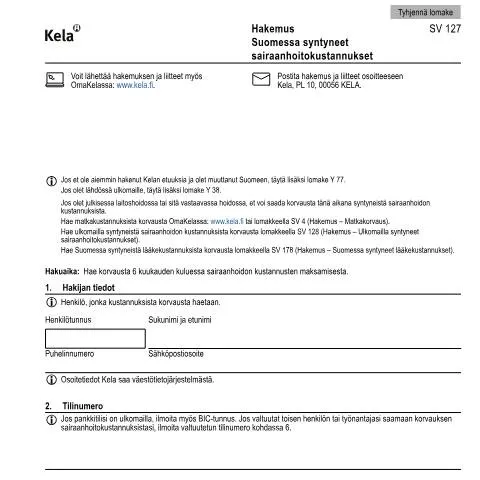 Document preview: Sairaanhoitokustannusten hakeminen Suomessa SV 127 -lomakkeella — Terveys (CERFA n°Kela SV 127)