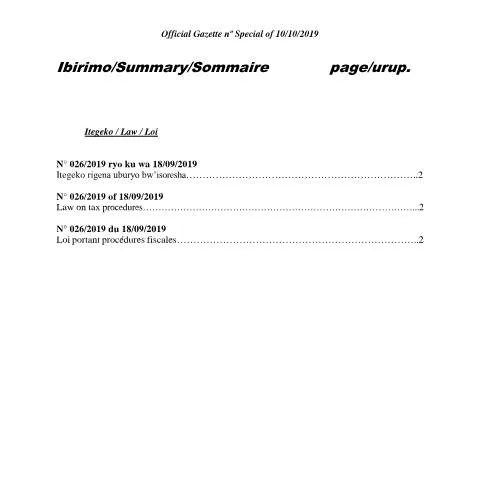 Document preview: Understanding Rwanda's 2019 Tax Procedures Law — Taxes (CERFA n°i_og_n___special_of_10_10_2019_uburyo_isoresha_tax_procedures)