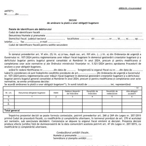 Document preview: Amânarea plății obligațiilor bugetare prin OMF 5521/2024 — Impozite & fiscalitate (CERFA n°A4_OMF_5521_2024)