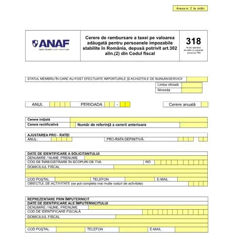 Document preview: Ghid pentru Cererea de rambursare a TVA-ului în România — Impozite & fiscalitate (CERFA n°318_A2_OPANAF_2810_2016)