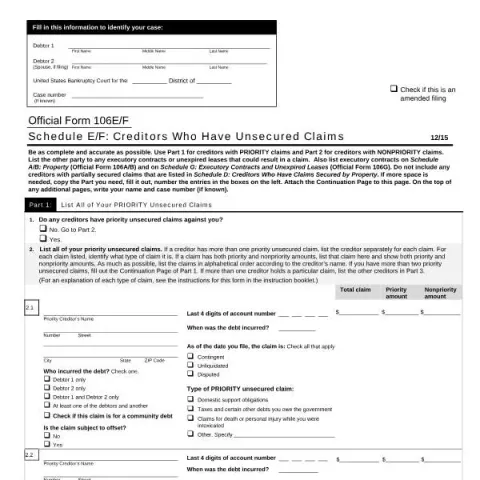 Document preview: Guide to Schedule E/F: Unsecured Creditors in Bankruptcy — Legal & justice (B106EF)