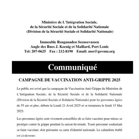 Document preview: Mauritius Anti-Influenza Campaign 2025 Schedule — Government & admin (CERFA n°Communique-and-calender-Anti-Grippe-2025)