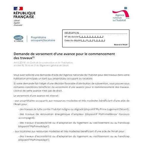 Aperçu du document Demande d'avance travaux : évitez les difficultés de trésorerie — Logement (CERFA n°13934*05)