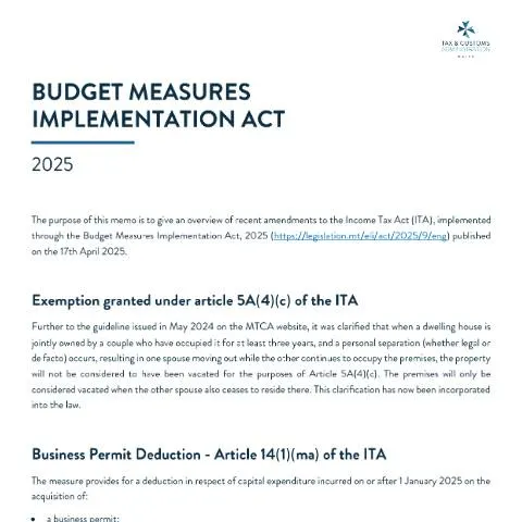 Document preview: Key Insights on Malta's Budget Measures Implementation Act 2025 — Taxes (CERFA n°budget-measures-implementation-act-2025---memo)