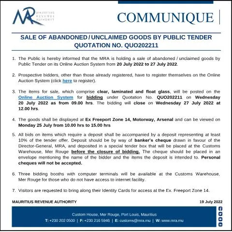 Document preview: Overview of Abandoned Goods Sale by Public Tender — Government & admin (CommuniqueQUO202211)