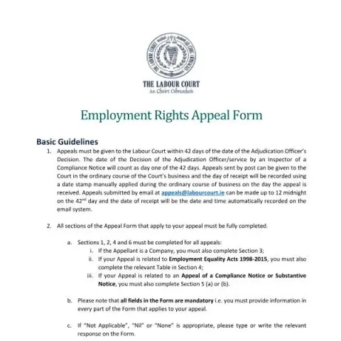 Document preview: Employment Rights Appeal Form for Submitting Labour Court Appeals — Work & employment