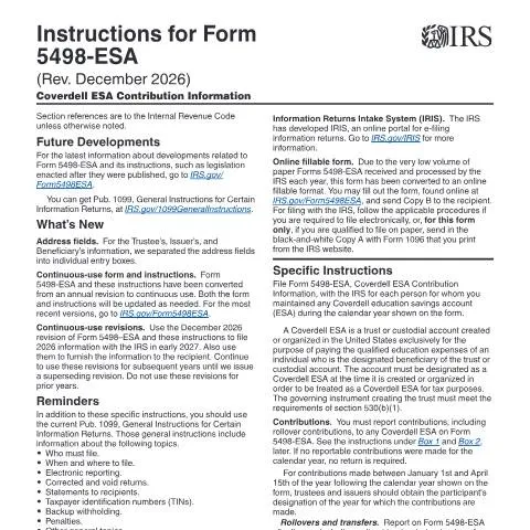 Document preview: Understanding IRS Form 5498-ESA Instructions — Taxes (CERFA n°INST-5498E)