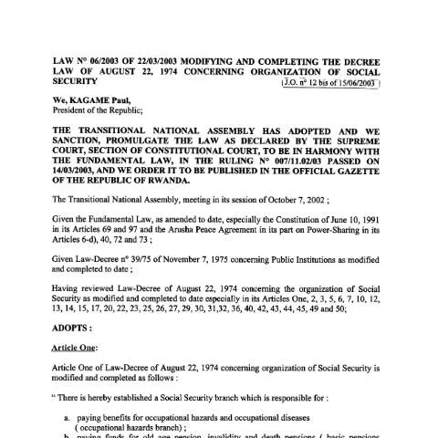 Document preview: Understanding Rwanda's 2003 Social Security Law Amendment — Government & admin (CERFA n°law_of_2003_modifying_the_decree_of_1974_1_0_819b31956f)