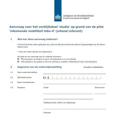 Documentvoorvertoning: Studeren in Nederland: Aanvraag onder Pilot Inkomende Mobiliteit MBO-4 — Immigratie & visa (CERFA n°7062)
