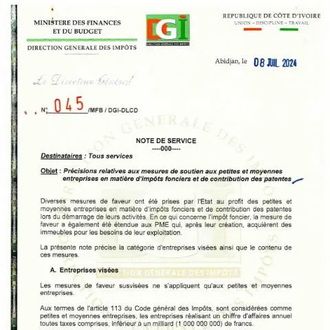 Aperçu du document Comprendre la Note de Service 0045 0001 pour les PME ivoiriennes — Démarches administratives