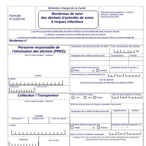 Aperçu du document Formulaire 11351*04 : suivi réglementaire des DASRI sans regroupement — Démarches administratives (CERFA n°11351*04)