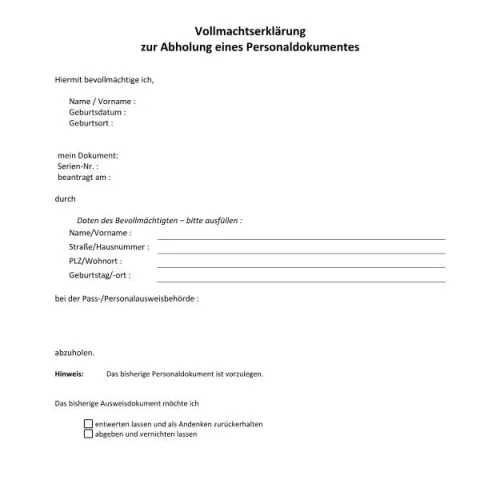 Dokumentvorschau: Vollmachtserklärung zur Abholung eines Personaldokumentes — Personenstand & Ausweis (vollmacht_abholung_pa)