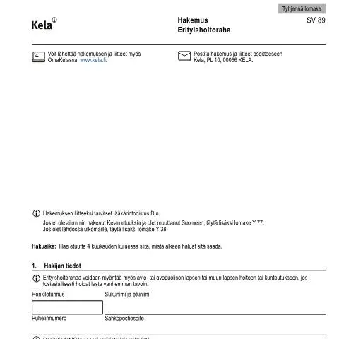 Document preview: Erityishoitorahan hakeminen: Tuki perheellesi — Perhe (CERFA n°Kela SV 89)