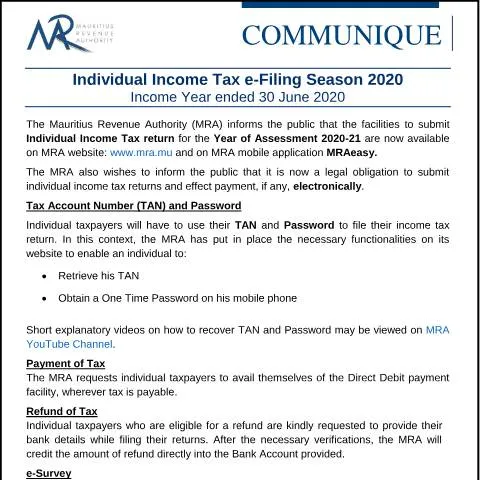 Document preview: Mauritius 2020 Income Tax e-Filing Season Announcement — Taxes (CERFA n°CommuniqueEfiling2020)