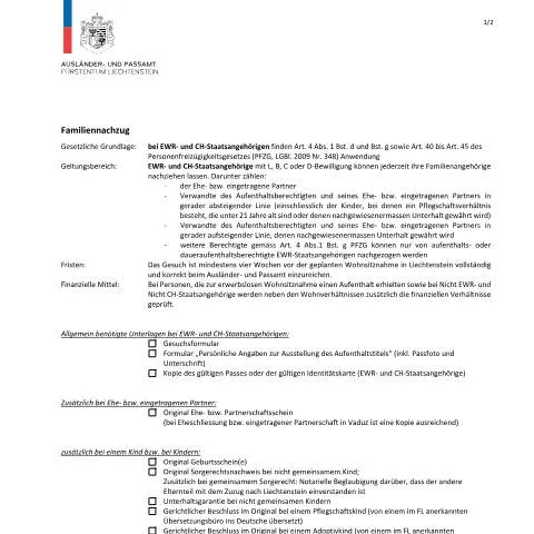 Dokumentvorschau: Familiennachzug in Liechtenstein: Die entscheidende Checkliste — Behörden & Verwaltung (CERFA n°checkliste-fnz-ewr-und-ch)