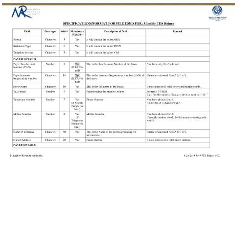 Document preview: Guide to Monthly TDS Return E-File Specifications — Taxes (CERFA n°SpecsTDSNCSV)