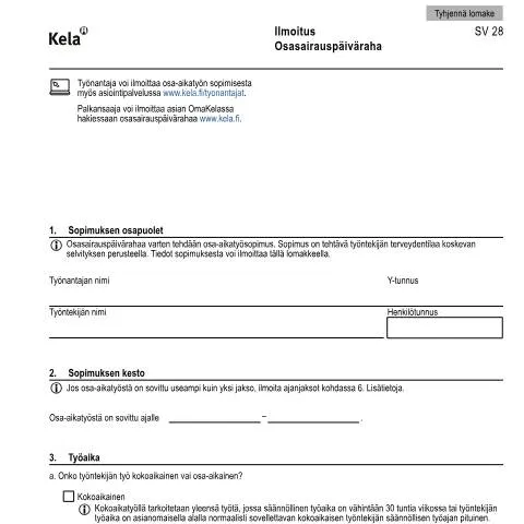 Document preview: Osasairauspäivärahan ilmoitus ja sen täyttäminen — Terveys (CERFA n°Kela SV 28)