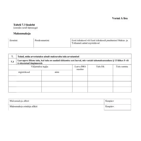 Document preview: Form A Tabel 7.3 lisaleht: Meretöötajate maksuvaba tulu — Maksud ja maksustamine (CERFA n°VORM A TABEL 7.3 LISALEHT)
