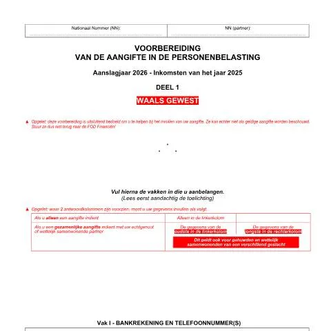 Aperçu du document Guide essentiel pour la préparation de votre déclaration au Waals — Impôts & fiscalité (CERFA n°voorbereiding-deel-1-wg-2026)