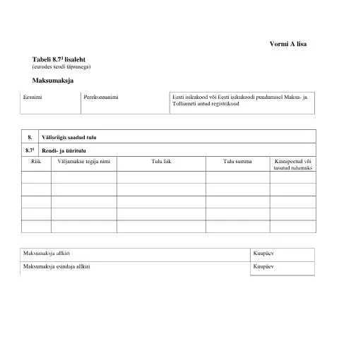 Document preview: Renditulu deklareerimise tähtsus ja Tabeli lisa 8.7-1 — Maksud ja maksustamine (CERFA n°VORM A TABEL 8.7-1 LISALEHT)