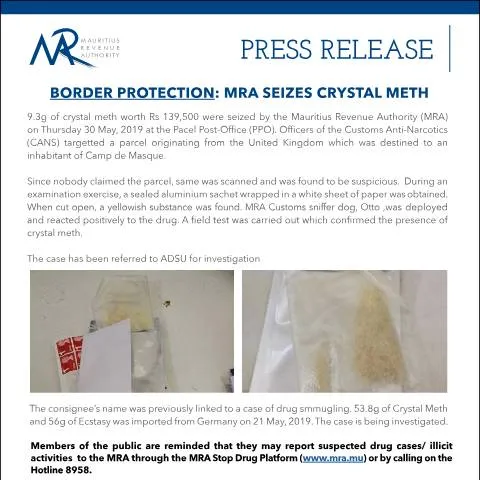 Document preview: Impacts of MRA's Crystal Meth Seizure on Mauritius — Government & admin (PressRelease300519)