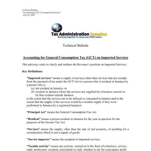 Document preview: Understanding GCT on Imported Services in Jamaica — Taxes (CERFA n°Technical+Bulletin+(2020)+-+GCT+Imported+Services_23042020)