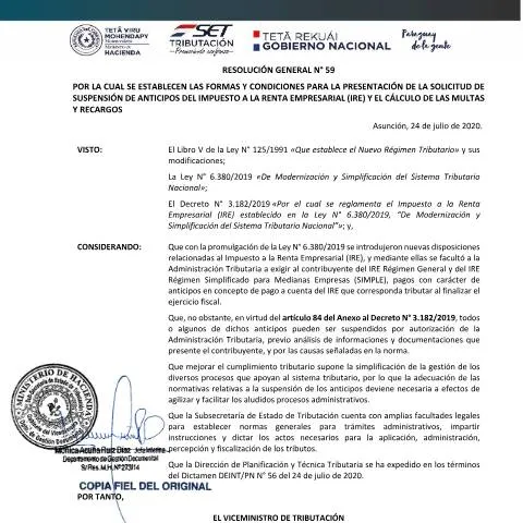 Vista previa del documento Cómo solicitar la suspensión de anticipos del IRE en Paraguay — Trámites administrativos
