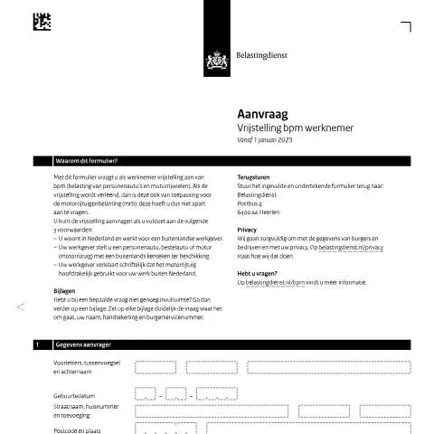 Documentvoorvertoning: Aanvraag vrijstelling bpm voor werknemers in Nederland — Belastingen (CERFA n°bpm0521z8fol)