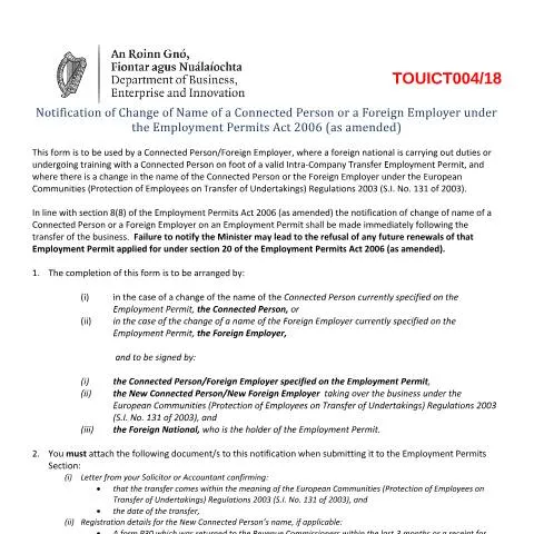 Document preview: Notification Process for Name Changes of Connected Persons and Foreign — Work & employment