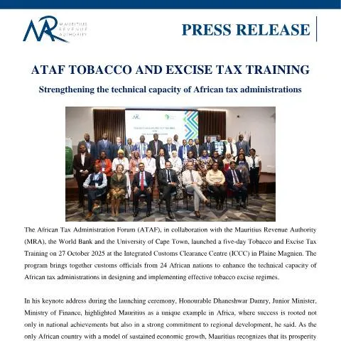 Document preview: Strengthening African Tax Administrations through Tobacco Training — Taxes (CERFA n°PressRelease301025)