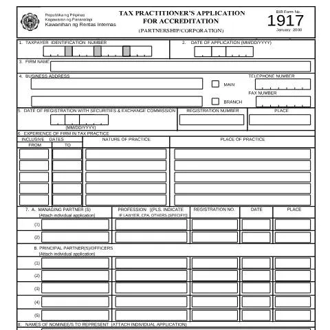 Document preview: Essential Guide to BIR Form No. 1917 for Tax Practitioners — Taxes (CERFA n°1917)