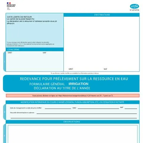 Aperçu du document Redevance prélèvement eau irrigation : obligations du formulaire — Démarches administratives (CERFA n°13743*08)