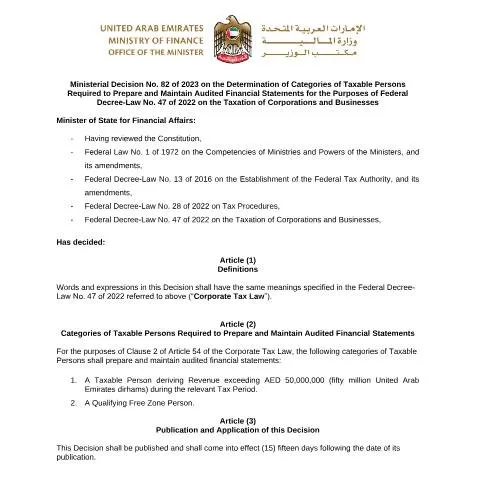 Document preview: UAE Ministerial Decision No 82 of 2023: Taxable Persons and Financial — Taxes (CERFA n°Ministerial Decision No (82) of 2023)