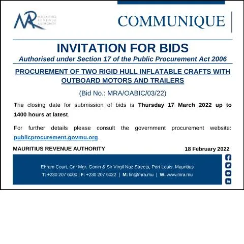 Document preview: Procurement Notice for Rigid Hull Inflatable Crafts with Outboard — Government & admin (Communique180222)
