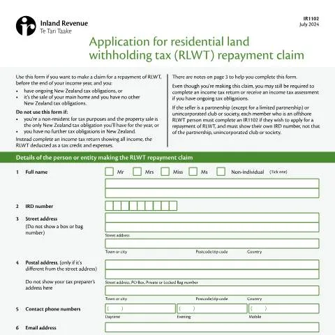 Document preview: Mastering the IR1102 Form for RLWT Claims — Property & real estate (CERFA n°IR1102)