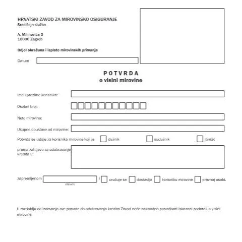 Document preview: Kako zatražiti potvrdu o visini mirovine? — Porezi i fiskalnost (CERFA n°potvrda_o_visini_mirovine_Sredisnja_sluz)