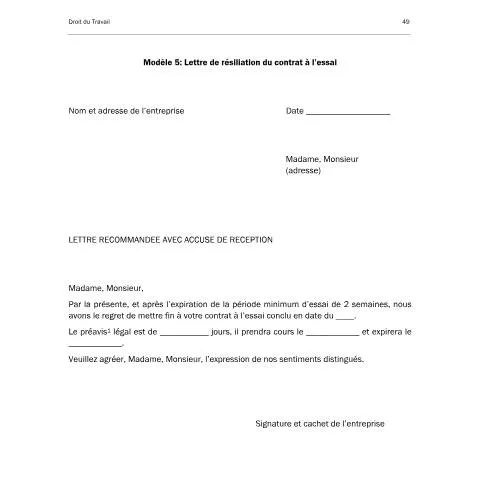 Aperçu du document Modèle de lettre pour résiliation de contrat à l'essai — Emploi & travail (CERFA n°modele-n-5-lettre-de-resiliation-du-contrat-a-l-essai)